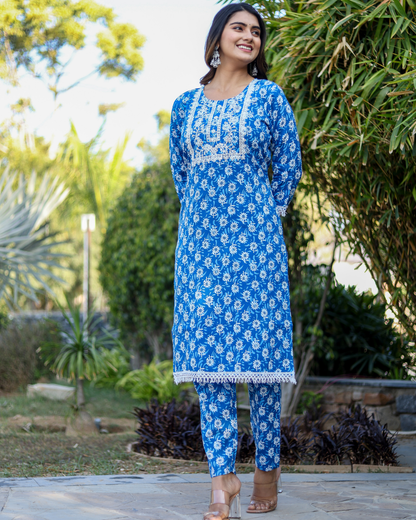 Blue Flower Cotton Embroidered Kurti Set with Pant