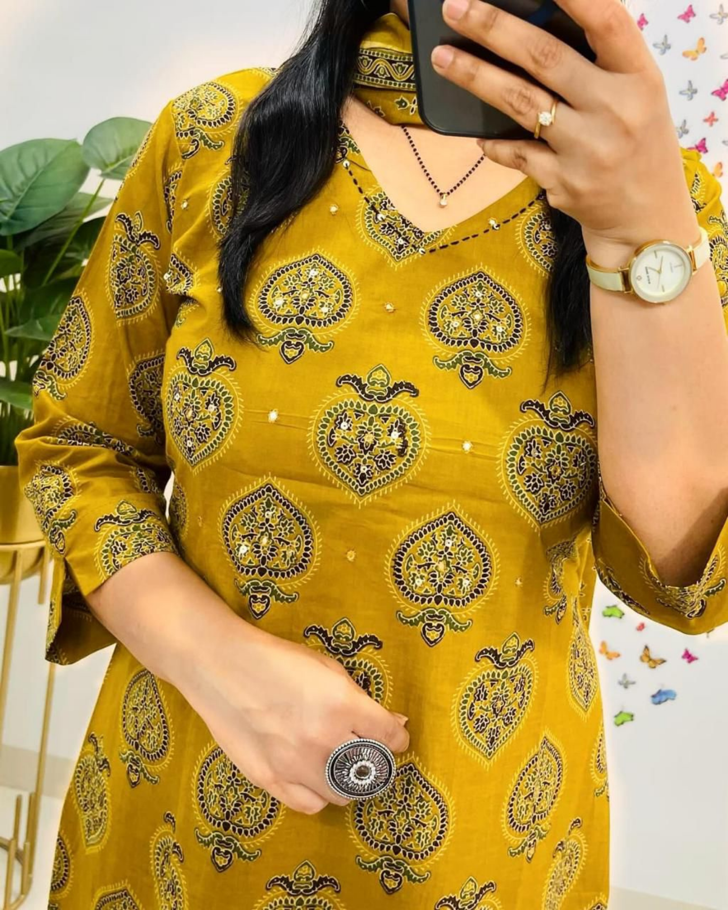 Shree Mustard Pan Cotton Suit Set with Sequin Work and Dupatta