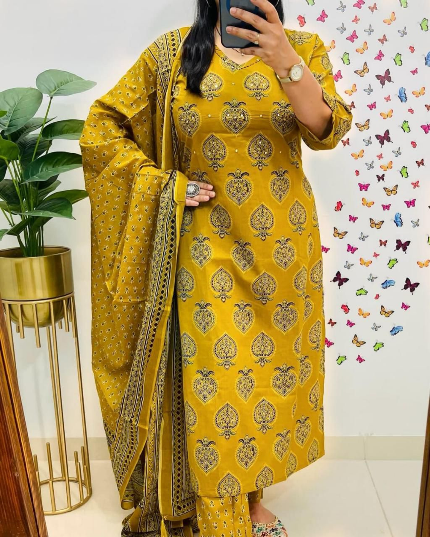 Shree Mustard Pan Cotton Suit Set with Sequin Work and Dupatta