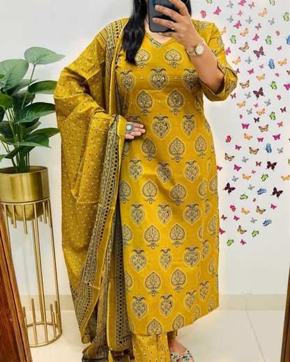 Shree Mustard Pan Cotton Suit Set with Sequin Work and Dupatta