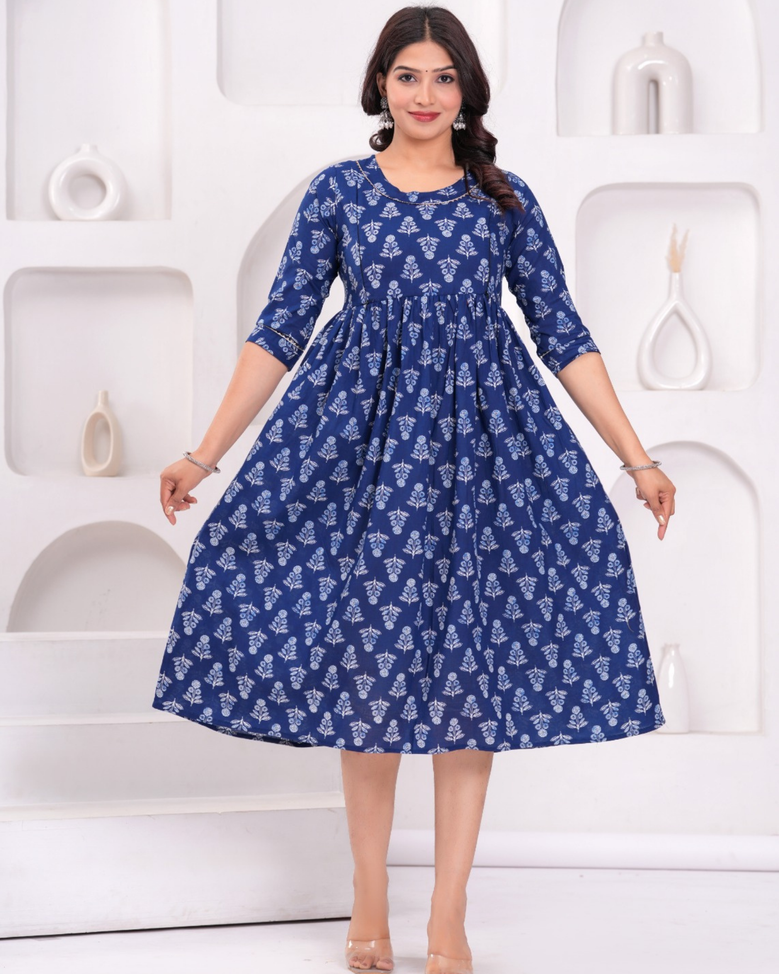 Comfortable Blue Flower Maternity Gown with Hidden Feeding Zip