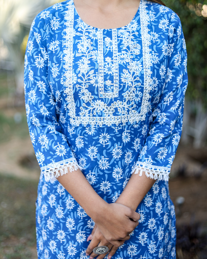 Blue Flower Cotton Embroidered Kurti Set with Pant
