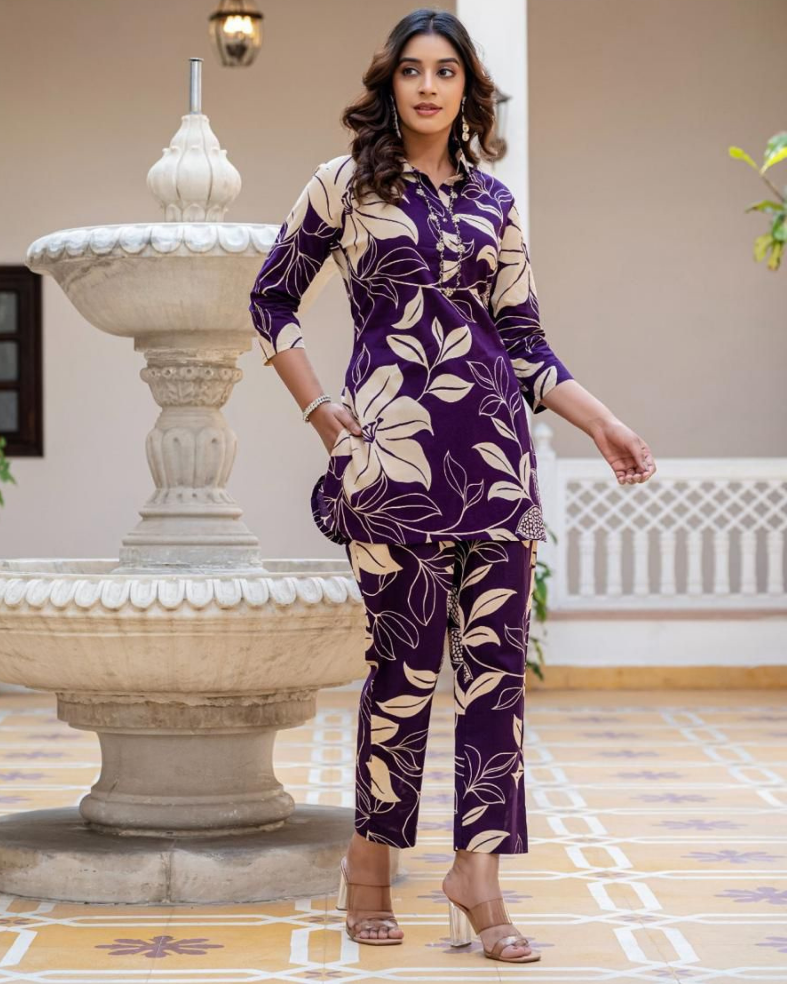 Deep Violet Cotton Floral Printed Co-ord Set