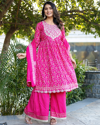 Rani Rayon Printed Sharara Set with Embroidered Yoke & Dupatta