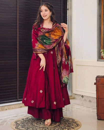 Chinon Embroidered Suit Set with Printed Dupatta Festive Elegance Redefined