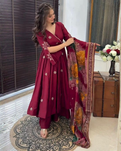 Chinon Embroidered Suit Set with Printed Dupatta Festive Elegance Redefined