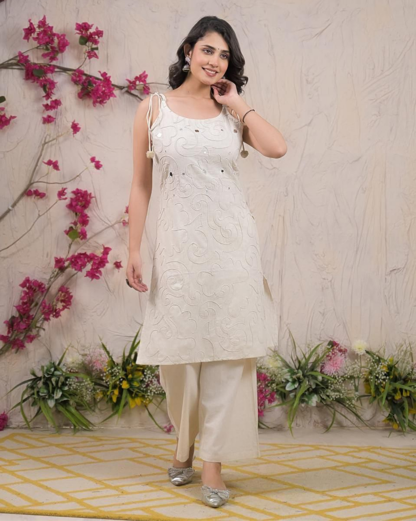 Elegant Cotton Embroidered Sleeveless Kurta with Palazzo
