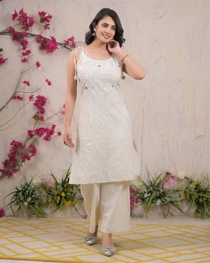 Elegant Cotton Embroidered Sleeveless Kurta with Palazzo