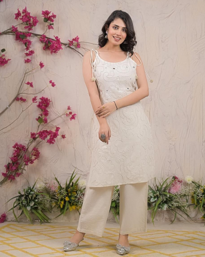 Elegant Cotton Embroidered Sleeveless Kurta with Palazzo