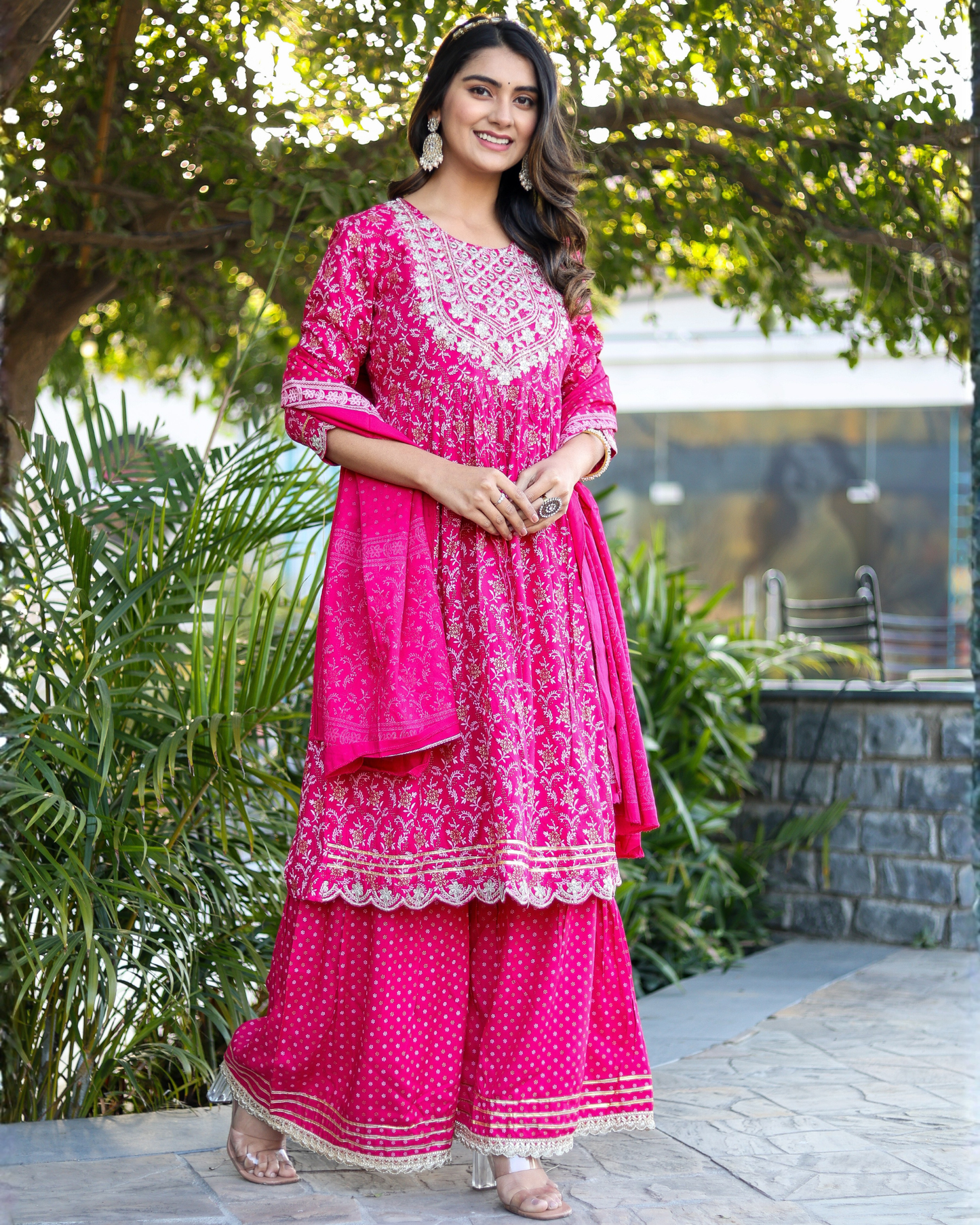 Rani Rayon Printed Sharara Set with Embroidered Yoke & Dupatta