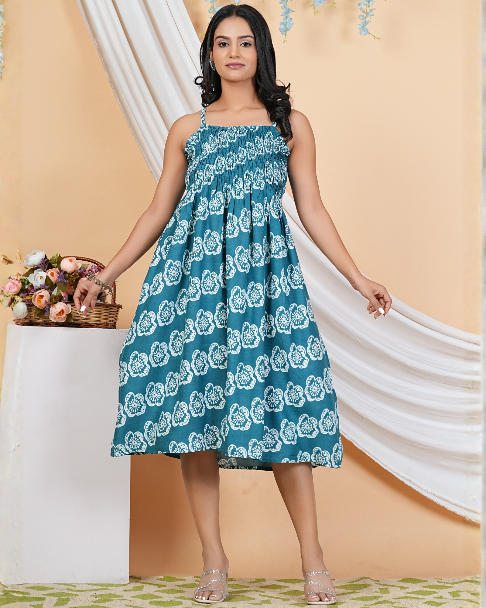 Stylish Rama Flower Bobin A-Line Kurti for a Graceful Look