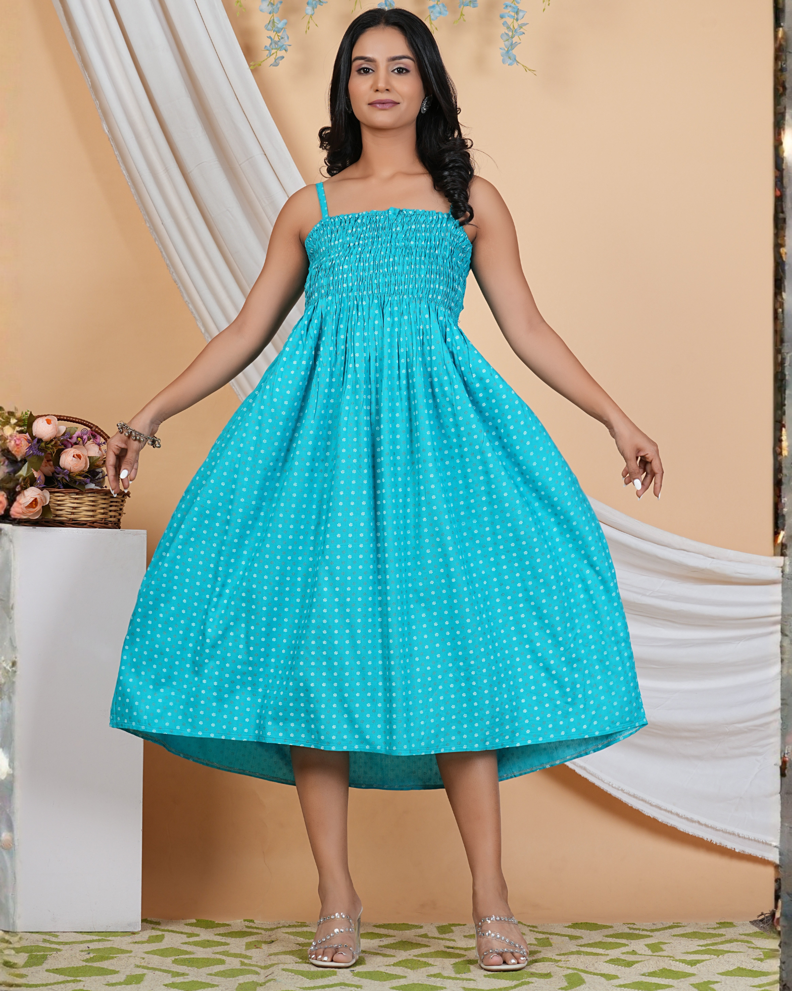 Trendy Torquice Butti Bobin A-Line Kurti – Soft Cotton & Chic Design