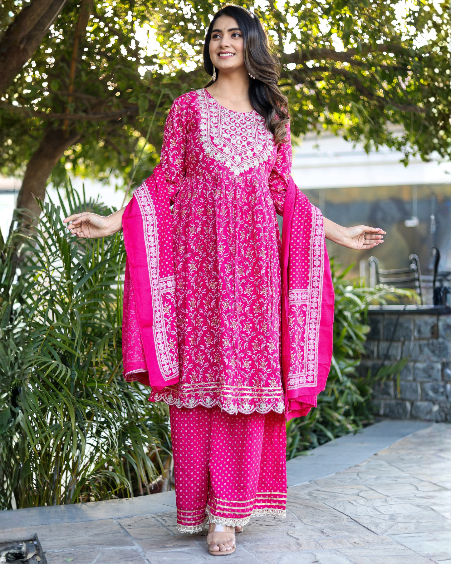 Rani Rayon Printed Sharara Set with Embroidered Yoke & Dupatta