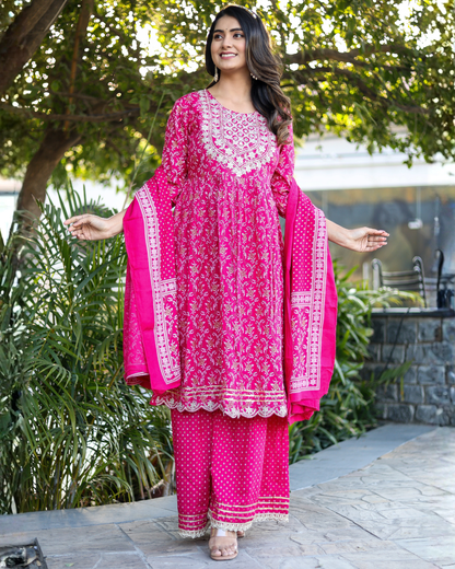 Rani Rayon Printed Sharara Set with Embroidered Yoke & Dupatta