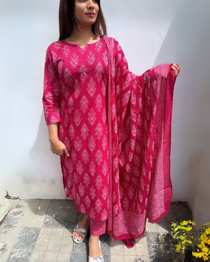 Cotton Printed Pink Deepak Kurti Set with Handwork & Dupatta
