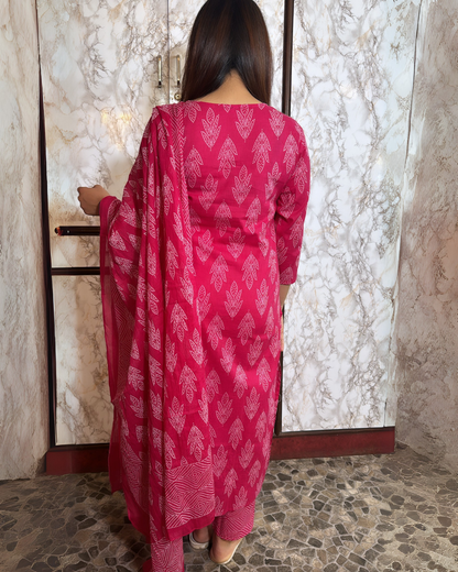 Cotton Printed Pink Deepak Kurti Set with Handwork & Dupatta