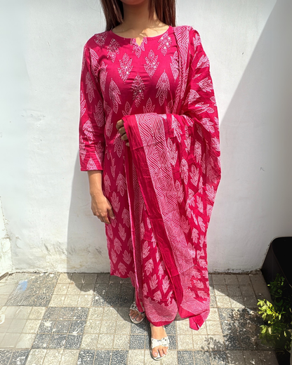 Cotton Printed Pink Deepak Kurti Set with Handwork & Dupatta