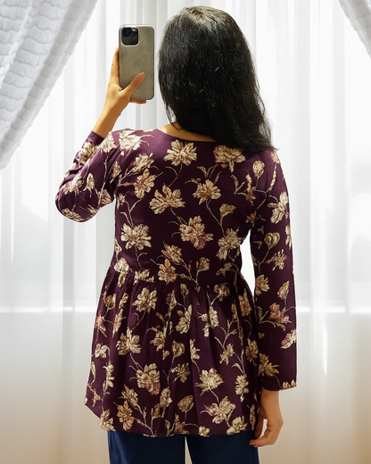Deep Wine Flower Print Rayon Top Elegant Everyday Look