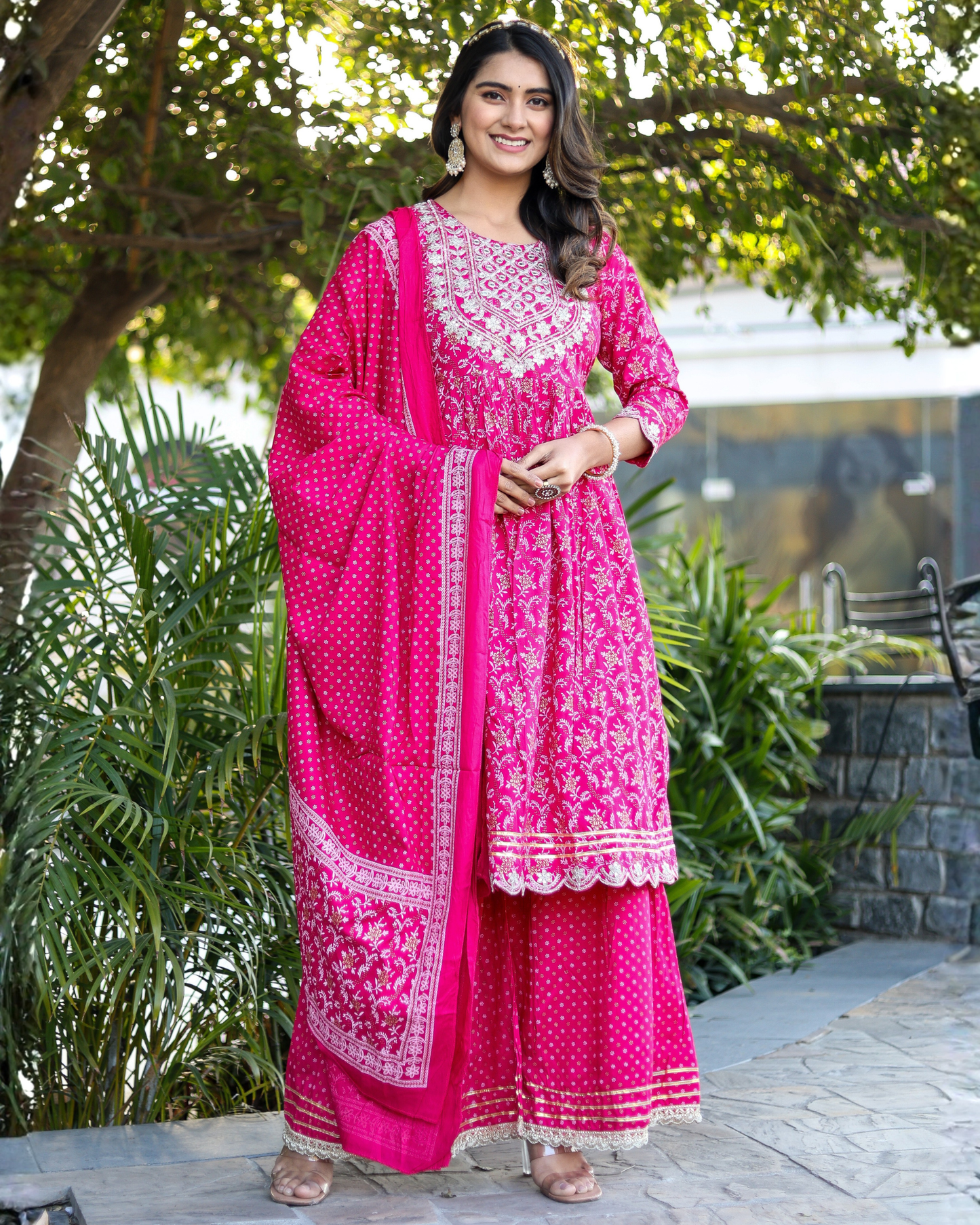 Rani Rayon Printed Sharara Set with Embroidered Yoke & Dupatta