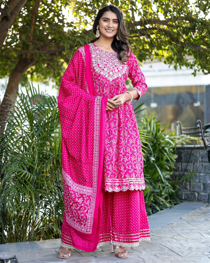 Rani Rayon Printed Sharara Set with Embroidered Yoke & Dupatta