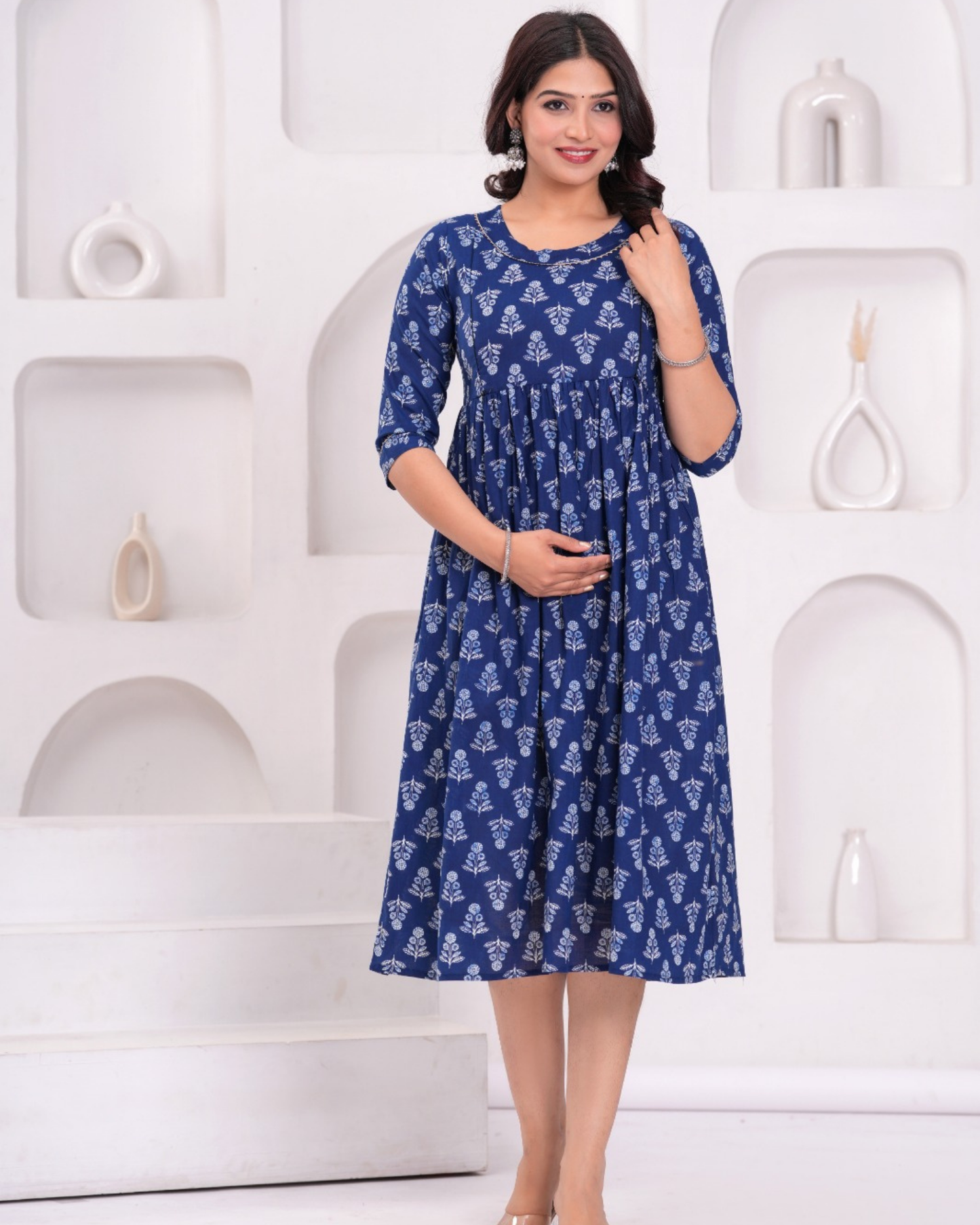 Comfortable Blue Flower Maternity Gown with Hidden Feeding Zip