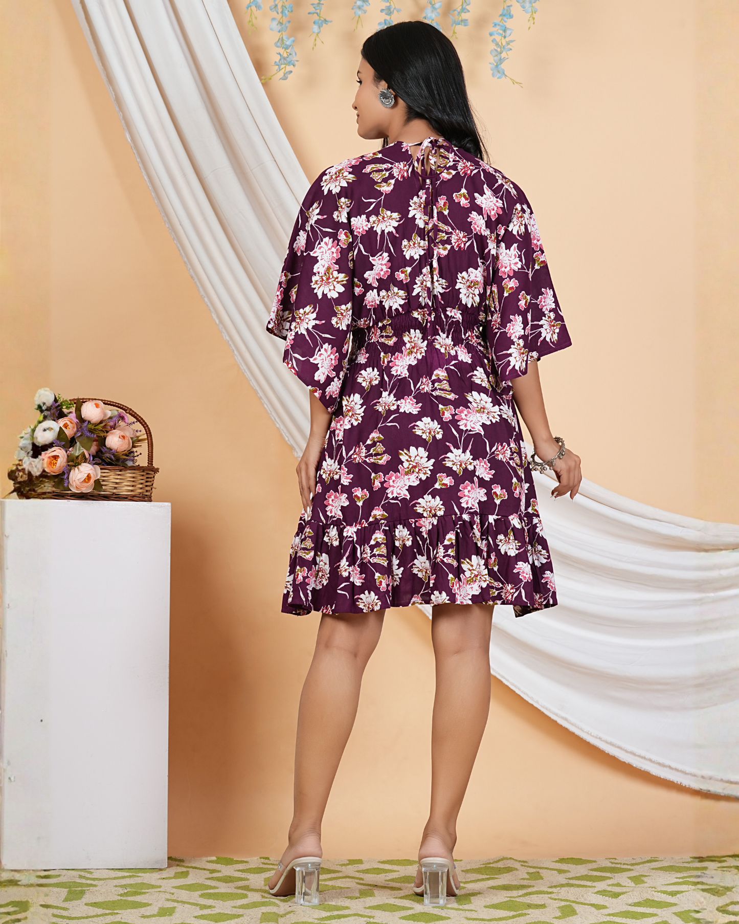 Stylish Wine Floral Cotton Kaftan Breezy, Beautiful & Chic