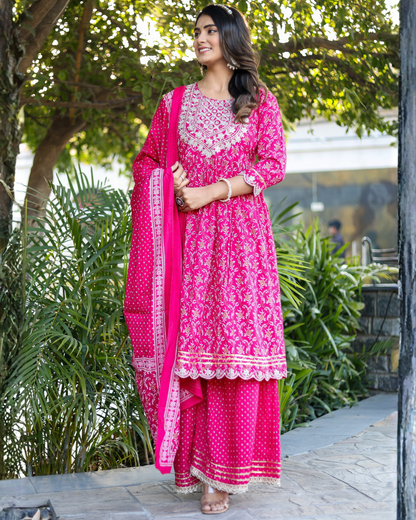 Rani Rayon Printed Sharara Set with Embroidered Yoke & Dupatta