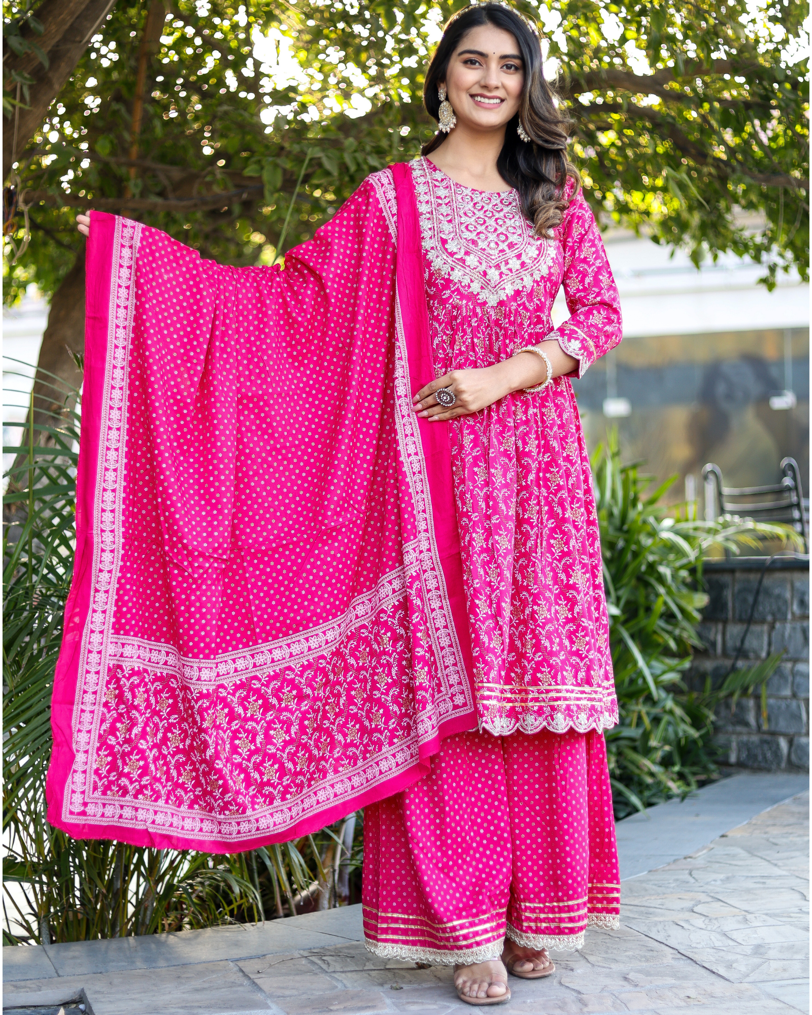 Rani Rayon Printed Sharara Set with Embroidered Yoke & Dupatta