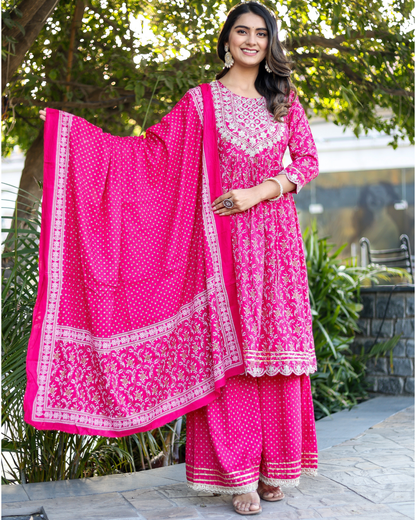 Rani Rayon Printed Sharara Set with Embroidered Yoke & Dupatta