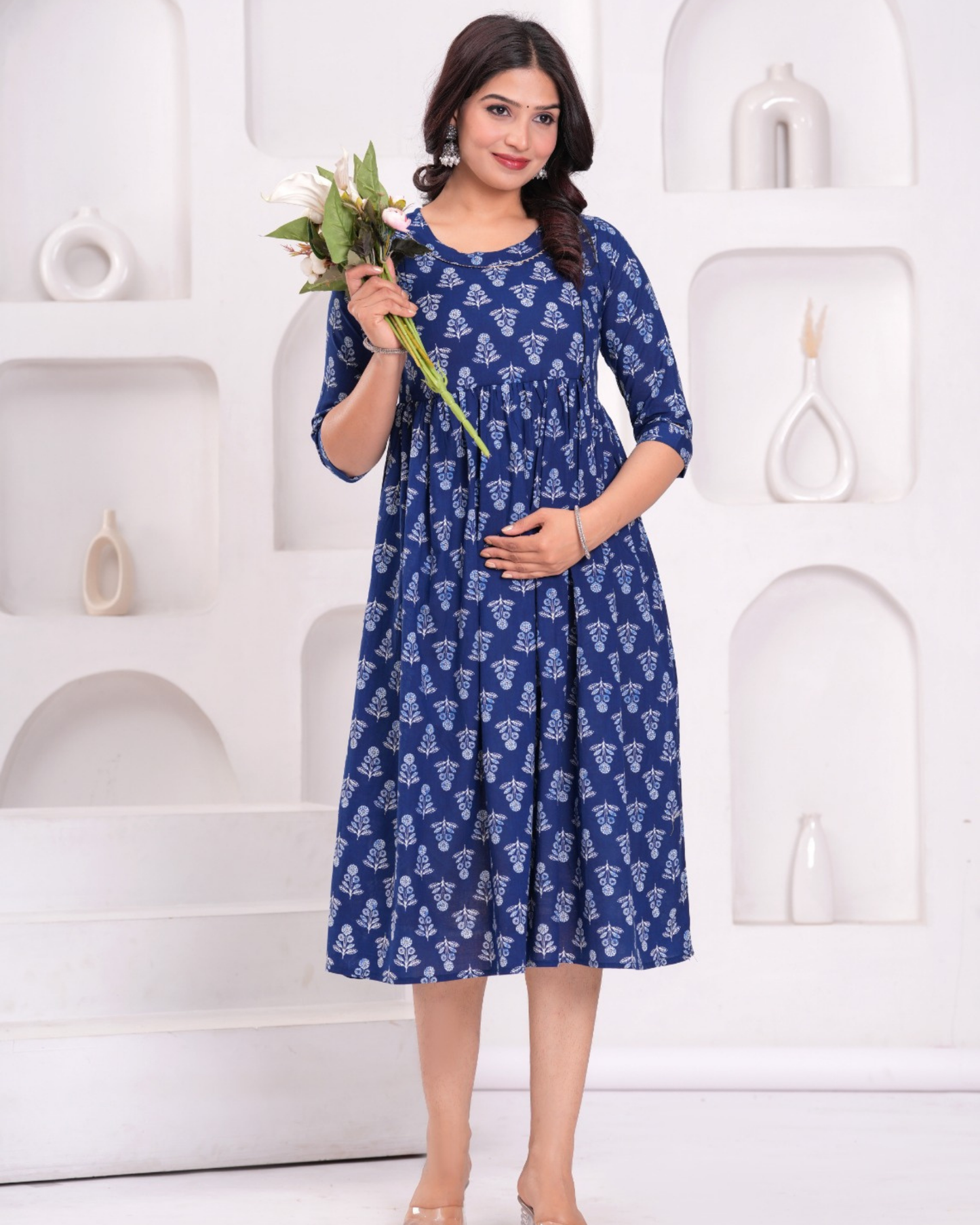 Comfortable Blue Flower Maternity Gown with Hidden Feeding Zip
