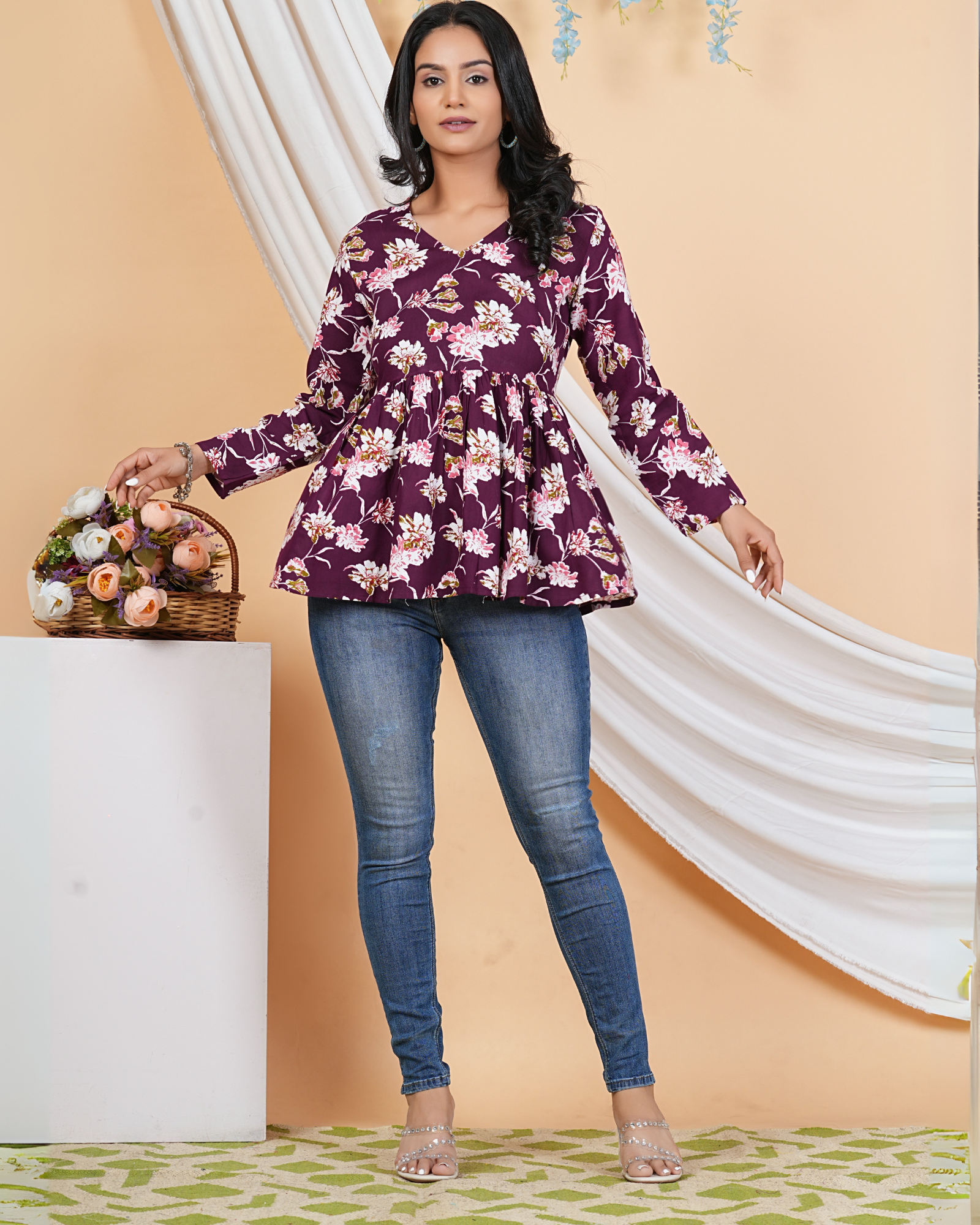 Stylish Wine Flower Cotton Top Perfect for Casual and Festive Wear