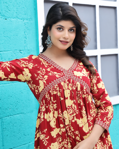 Maroon Dhoti Gown Ð Rayon Printed Full-Length Gown