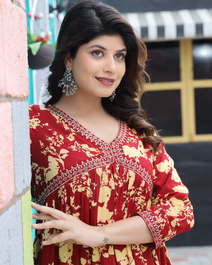 Maroon Dhoti Gown Ð Rayon Printed Full-Length Gown