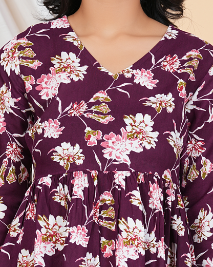 Stylish Wine Flower Cotton Top Perfect for Casual and Festive Wear
