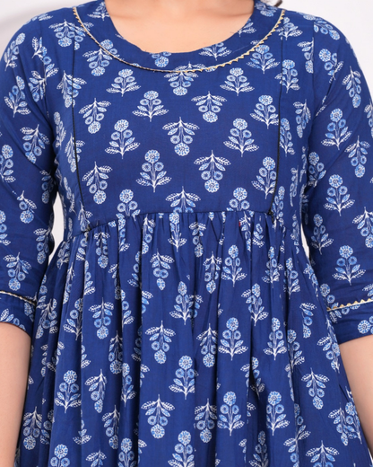 Comfortable Blue Flower Maternity Gown with Hidden Feeding Zip
