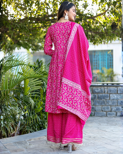 Rani Rayon Printed Sharara Set with Embroidered Yoke & Dupatta