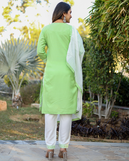 Pista Kery Rayon Embroidered Kurti Set with Pant & Dupatta