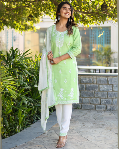 Pista Kery Rayon Embroidered Kurti Set with Pant & Dupatta