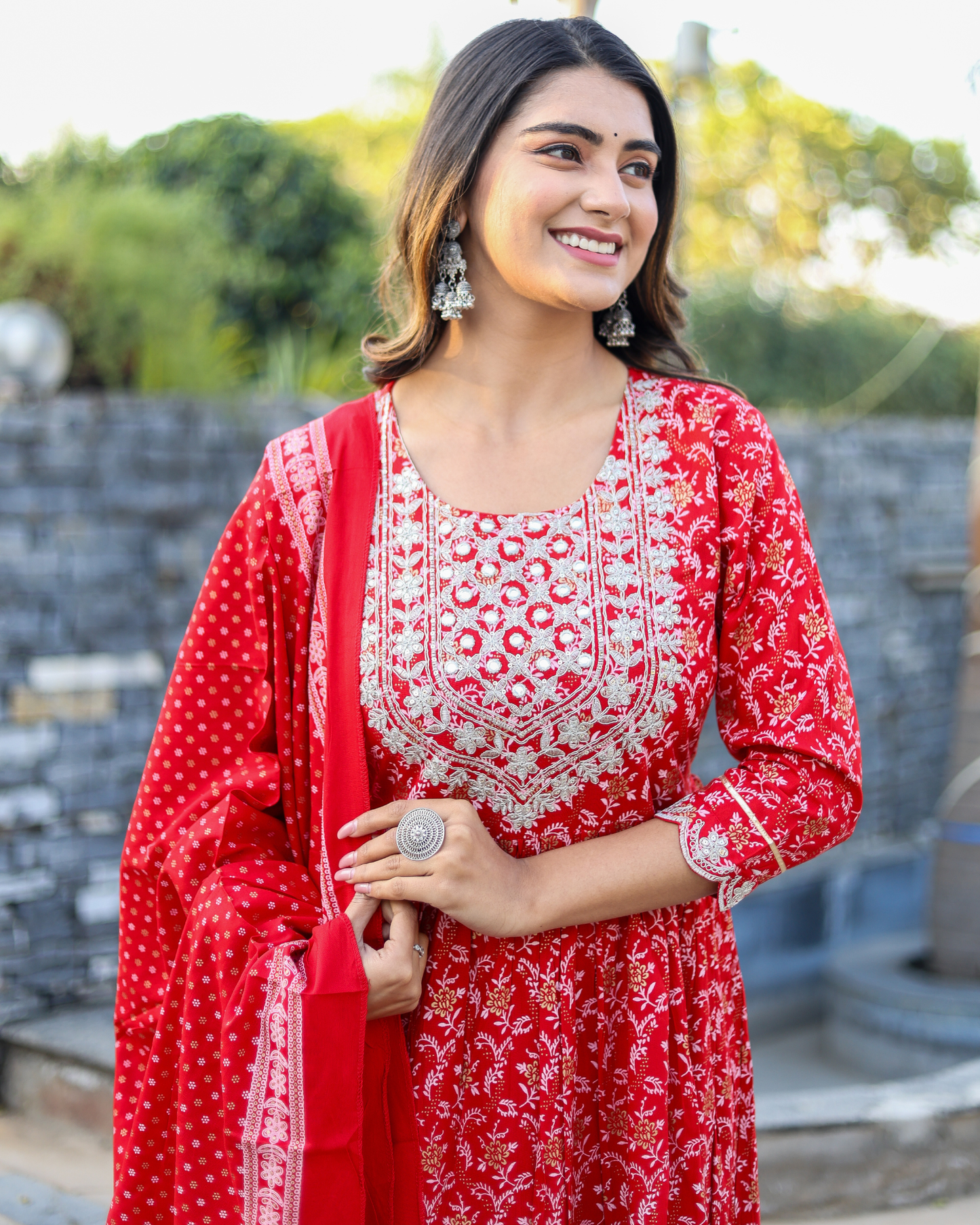 Red Rayon Printed Sharara Set with Embroidered Yoke & Dupatta