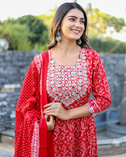 Red Rayon Printed Sharara Set with Embroidered Yoke & Dupatta