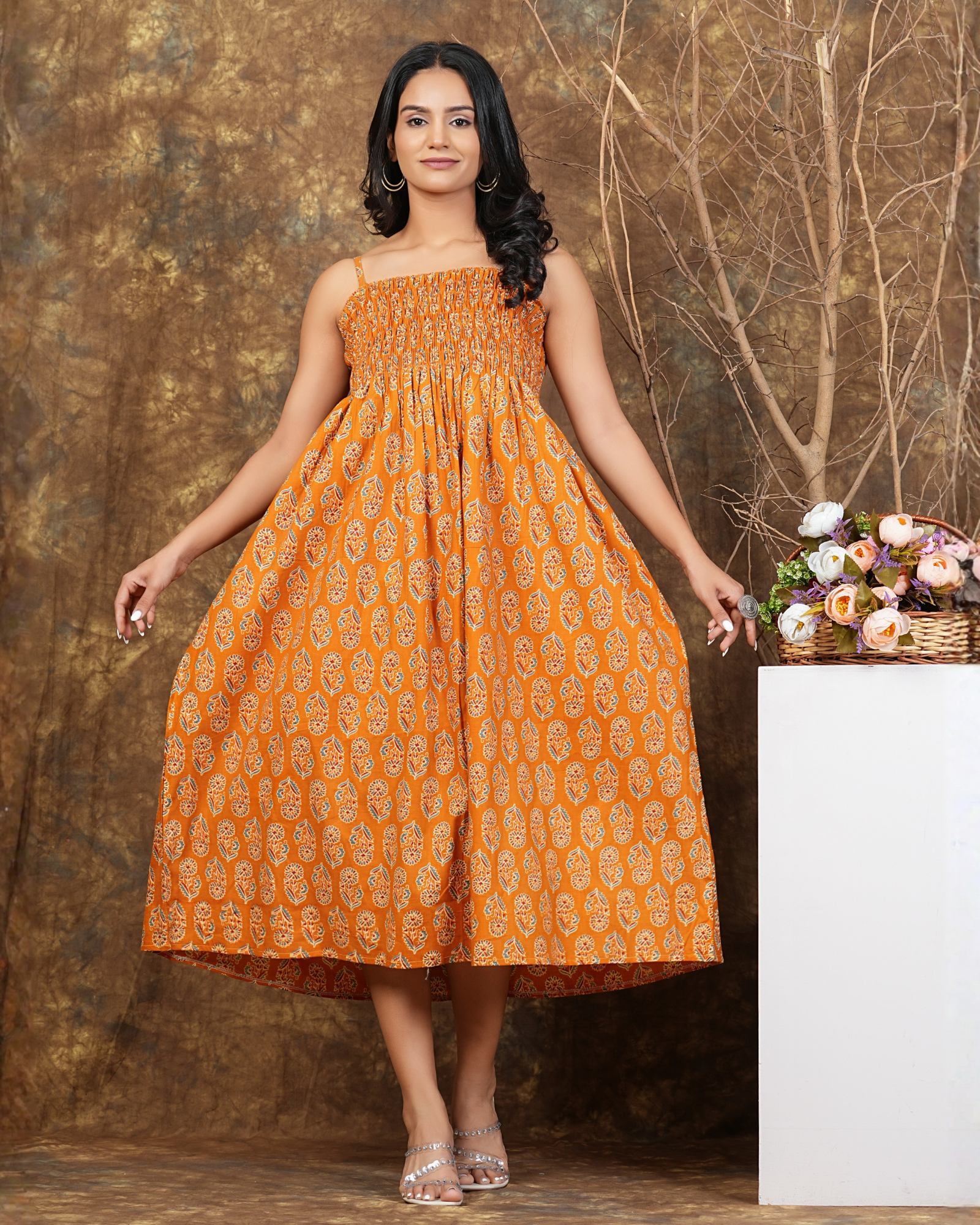 Comfortable Orange Cotton A Line Top with Butta Bobin Detailing