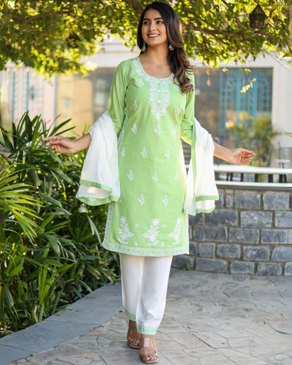 Pista Kery Rayon Embroidered Kurti Set with Pant & Dupatta