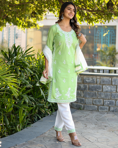 Pista Kery Rayon Embroidered Kurti Set with Pant & Dupatta