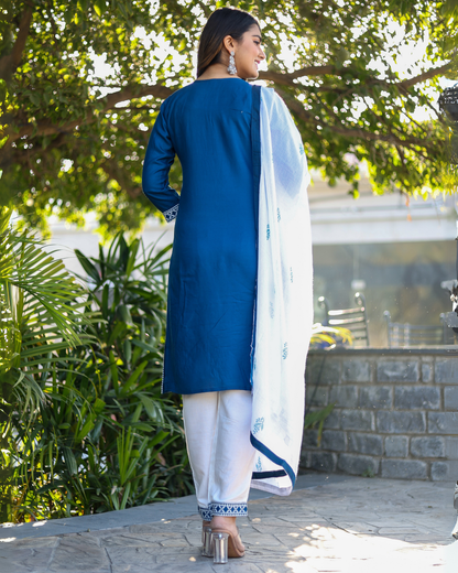 Rama Kery Rayon Embroidered Kurti Set with Pant & Dupatta