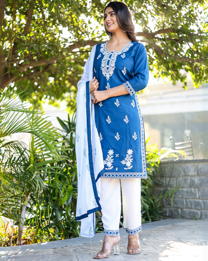 Rama Kery Rayon Embroidered Kurti Set with Pant & Dupatta