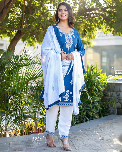 Rama Kery Rayon Embroidered Kurti Set with Pant & Dupatta