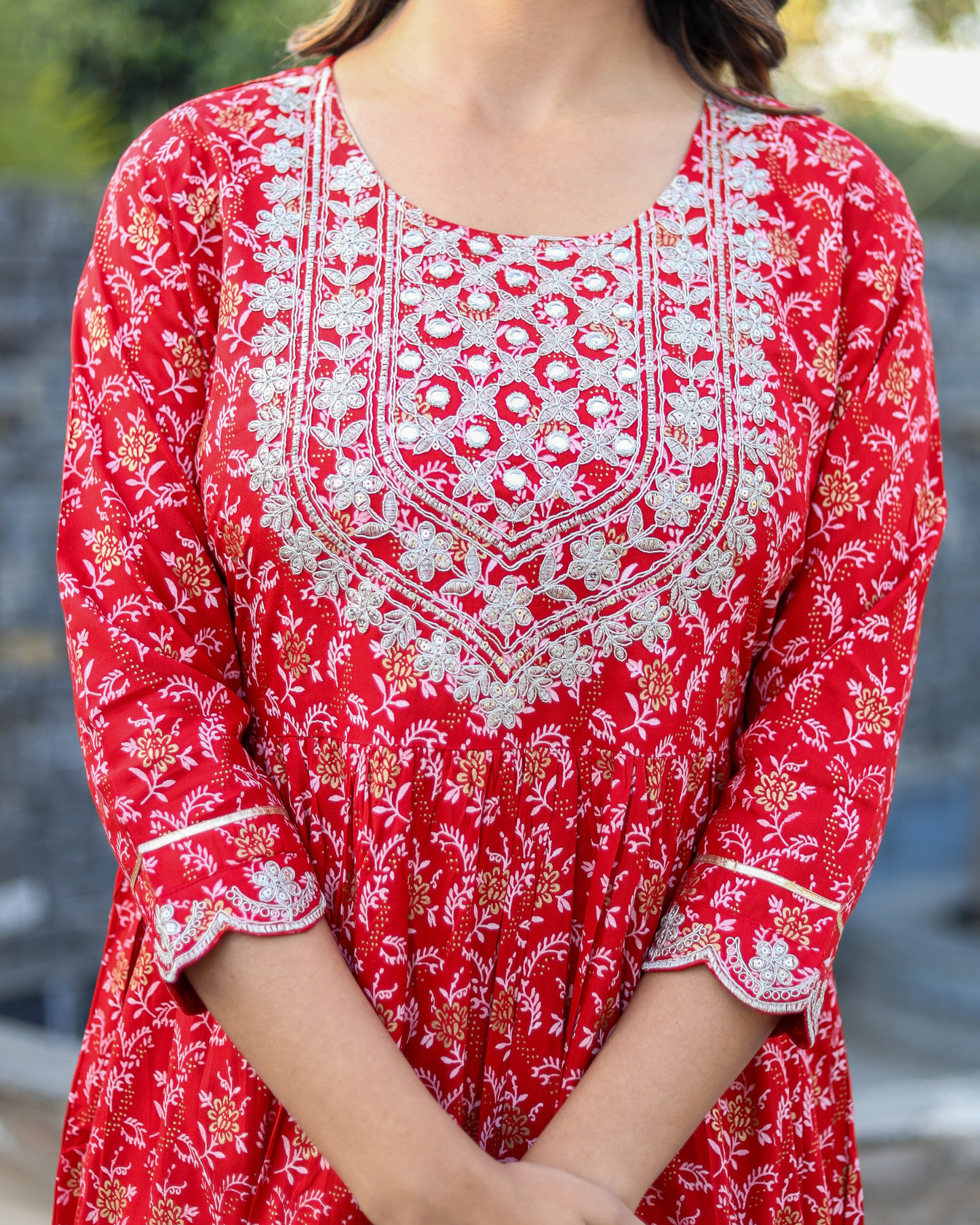 Red Rayon Printed Sharara Set with Embroidered Yoke & Dupatta