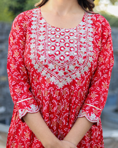 Red Rayon Printed Sharara Set with Embroidered Yoke & Dupatta