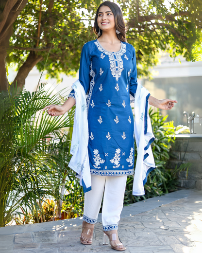 Rama Kery Rayon Embroidered Kurti Set with Pant & Dupatta