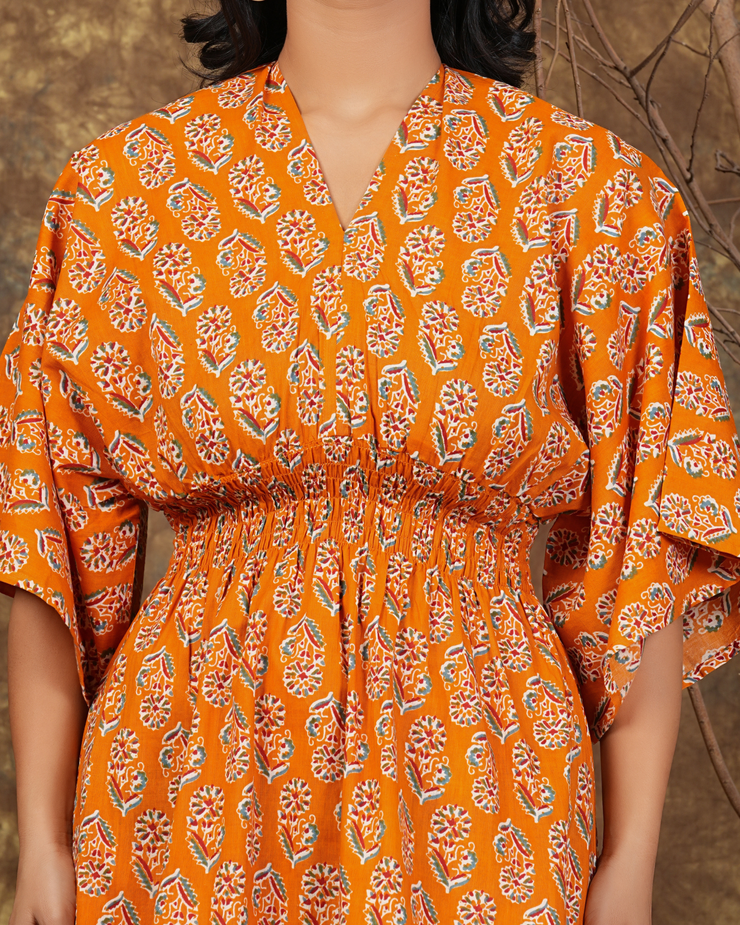 Mustard Butta Cotton Kaftaan in Orange Perfect For Festive Wear